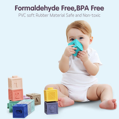12 Piece: Rubber Teething Baby Education Building Blocks - BPA Free