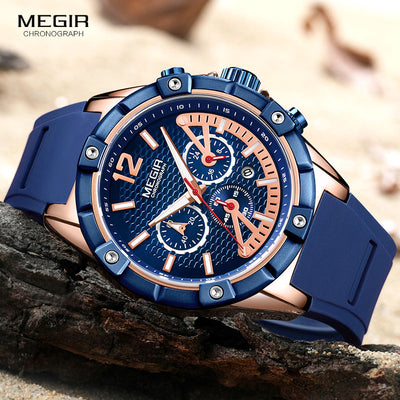 MEGIR Men's Sports Chronograph Quartz Wrist Watches Army Silicone Waterproof Stopwatch Relojios Masculinos Man ClockMN2083-2N0