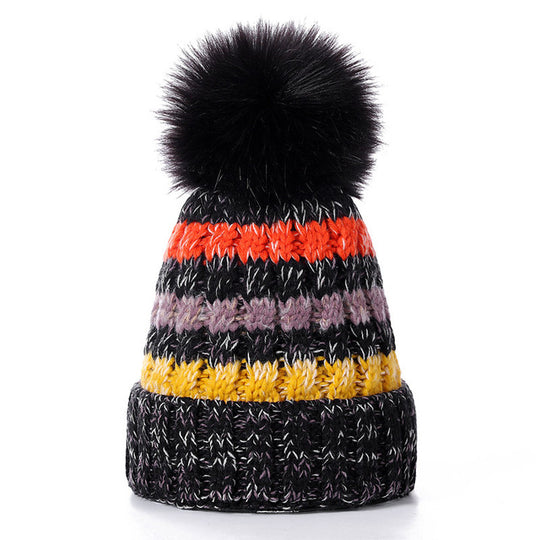 Women's Soft Fur Lined Striped PomPom Beanie and Neck Warmer