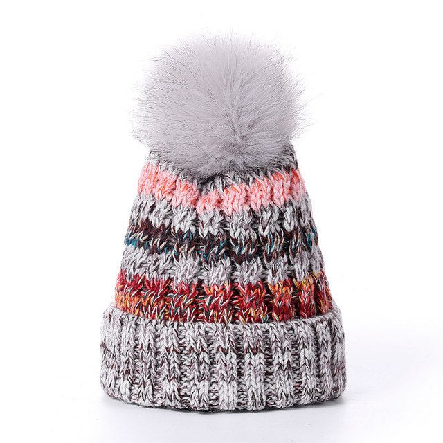 Women's Soft Fur Lined Striped PomPom Beanie and Neck Warmer