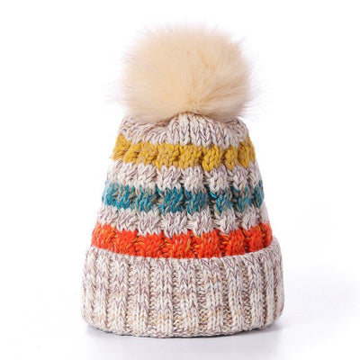 Women's Soft Fur Lined Striped PomPom Beanie and Neck Warmer