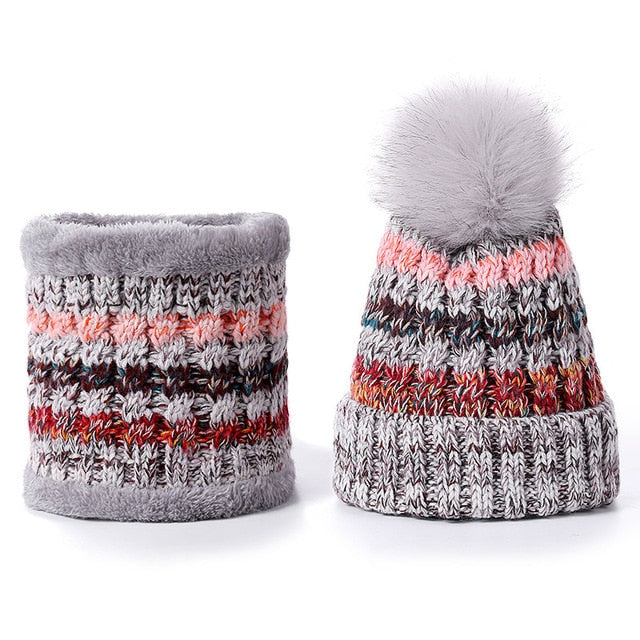 Women's Soft Fur Lined Striped PomPom Beanie and Neck Warmer