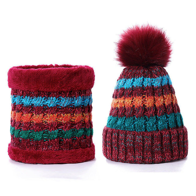 Women's Soft Fur Lined Striped PomPom Beanie and Neck Warmer