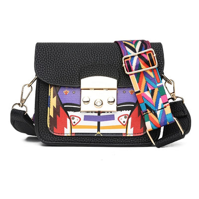 Women's Paneled Hard Leather Colorful Wide Strap Crossbody Bag