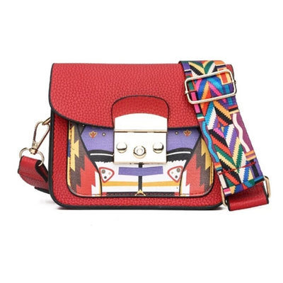 Women's Paneled Hard Leather Colorful Wide Strap Crossbody Bag