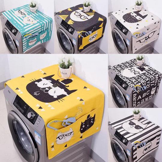 Cotton Cartoon Print Washing Machine Dust Cover with Side Pockets