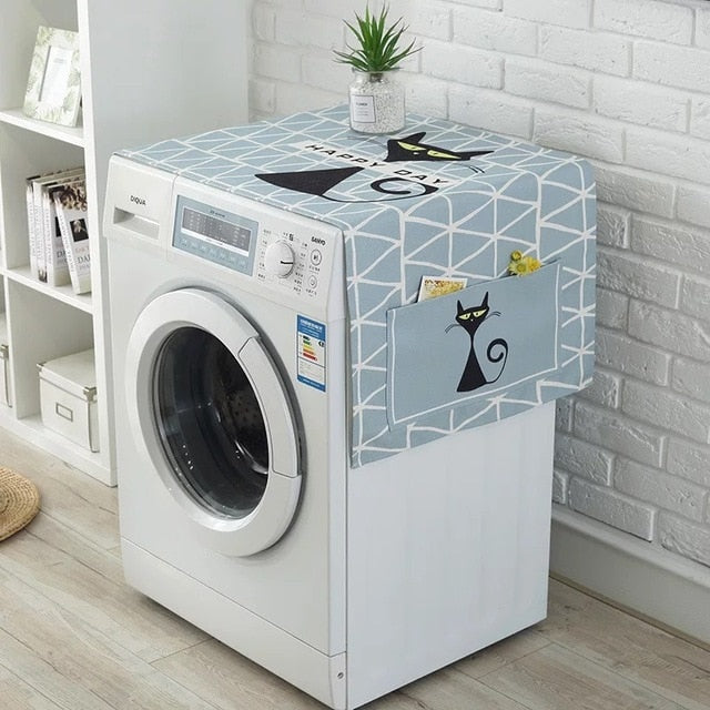 Cotton Cartoon Print Washing Machine Dust Cover with Side Pockets