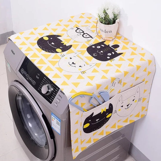 Cotton Cartoon Print Washing Machine Dust Cover with Side Pockets