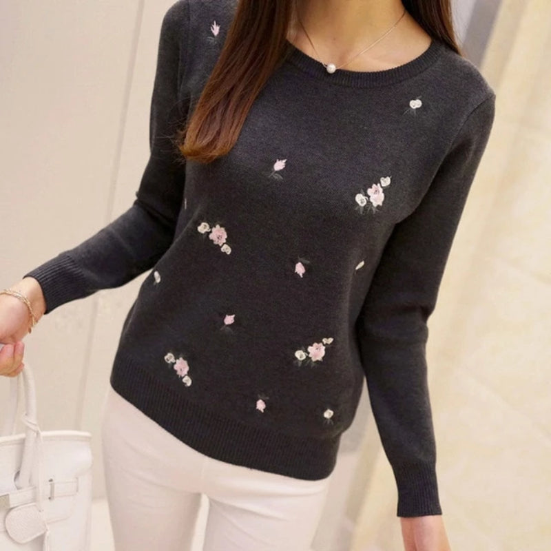 Dark Gray Women's Embroidery Knitted Pullover Sweater