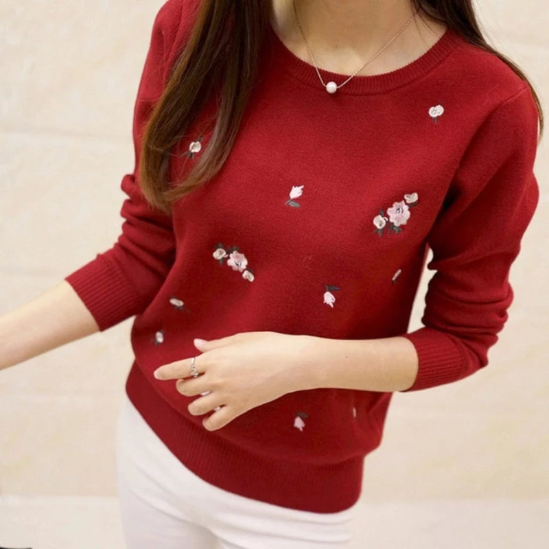 Red Women's Embroidery Knitted Pullover Sweater