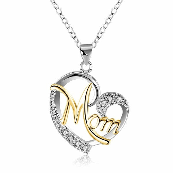 Women's MOM Heart Shape Inlaid Crystal Pendant Necklace