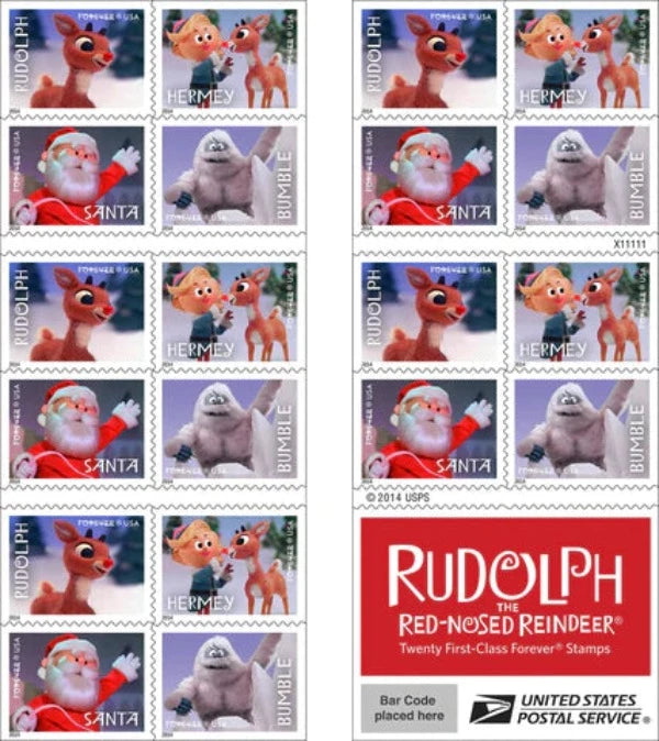 USPS Rudolph the Red-Nosed Reindeer Christmas First-Class Forever Stamps - Booklet of 20 Postage Stamps