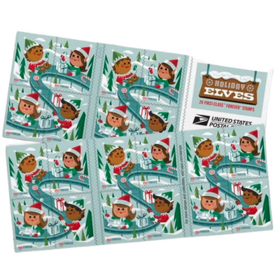 USPS Holiday Elves Forever Stamps - Booklet of 20 First Class Forever Stamps