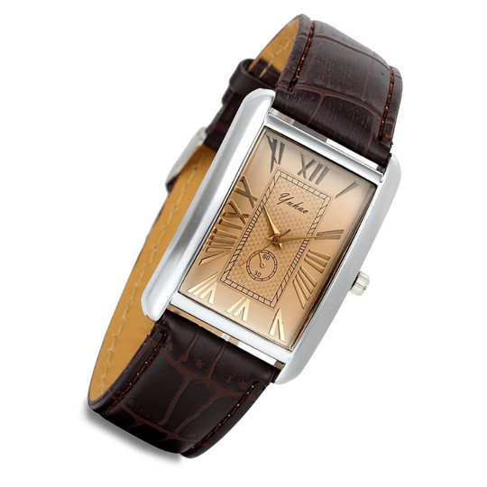 Lancardo Retro Vintage Square Quartz Analog Watch Silver Tone Case Crocodile Pattern Brown Leather Business Casual Dress Wrist Watch
